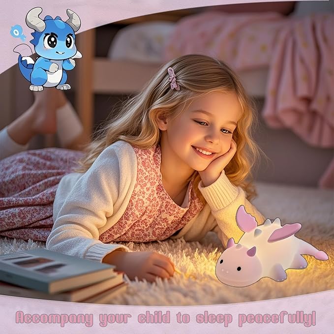 Dragon Night Light, Cute Pink Dragon Gifts, Soft Silicone Lamp with 3 Level Warm Light and RGB Changing, Breastfeeding Nursery Portable Kawaii Bedside Lamp for Baby, Toddler, Boys and Girls - Bloomnest