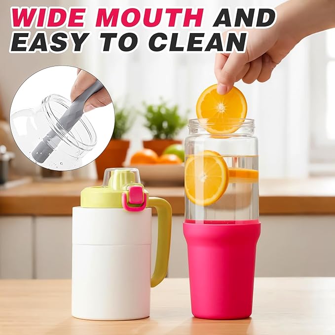 32 oz Glass Tumbler with Handle, 2-in-1 Straw and Sip Spout, Leakproof, BPA-Free Glass Water Bottle for Sports, Office, School, Bright Pink - Bloomnest