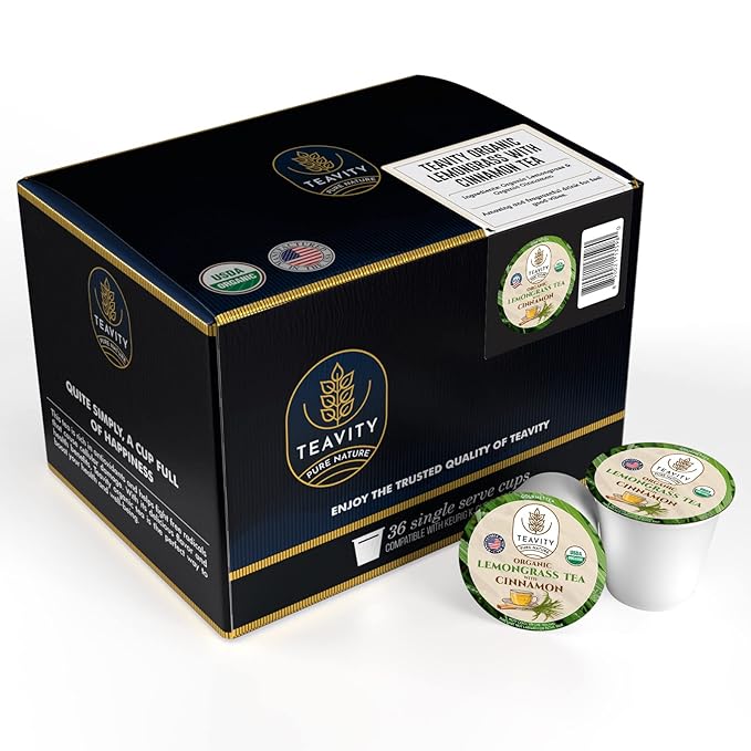 Teavity Organic Lemongrass and Cinnamon Tea Pods for Keurig - Naturally Decaffeinated Herbal Tea Blend (36 Pods) - Bloomnest