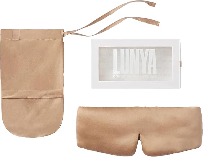 Lunya Weighted Silk Sleep Mask – Mulberry Silk Eye Cover with Cooling Glass Beads, Noise-Reducing Fit, Washable Fabric, and Travel Pouch – Sleeping Mask for Men and Women - Hushed Tan - Large - Bloomnest