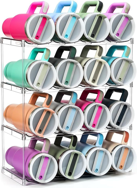 Design for Stanley 40 OZ & Large Bottles & Tumblers with Handle - Acrylic Water Bottle Organizer - Stackable Clear Wine Rack Cup Holder for Home Kitchen Pantry Shelf Countertop Cabinet, 4 Tier Hold 16 MakeLifeBetterEasier