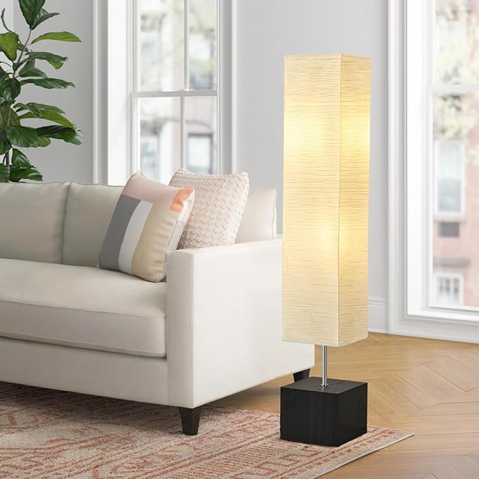 Modern Floor Lamp with Wooden Base, 58-inch Tall, White Shade, Foot Switch, 60W E26 Compatible - Bloomnest