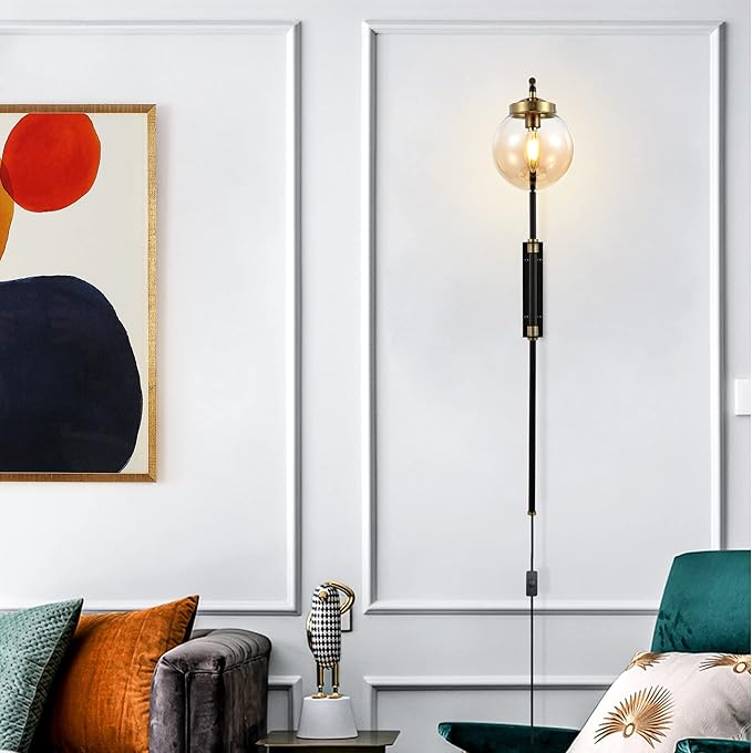 ELEHINSER Black Wall Sconces Set of 2 with Globe Shade, Modern Indoor Plug in Wall Lamps with Switch, Angle Adjustable Light for Bedroom Living Room Study Hallway Bedside - Bloomnest
