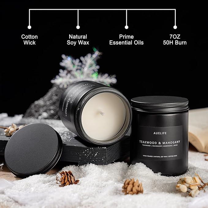 2 Pack Teakwood & Mahogany Candle | Scented Candles for Men, Man Gifts for Men - Masculine Candles - Soy Candle for Home Scented - 7oz Black Jar, Long Lasting - Bloomnest