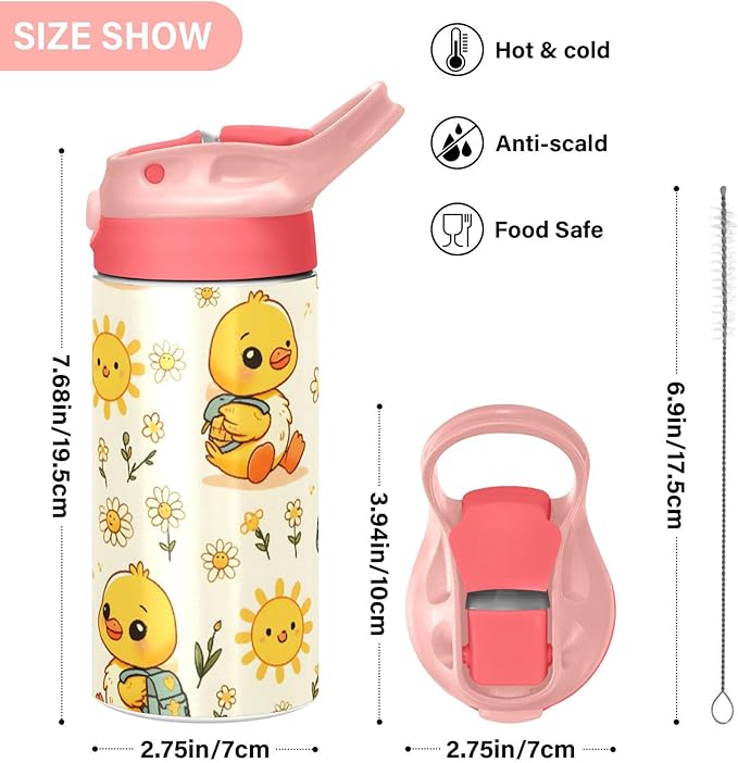 Little Yellow Duck Flower Kids Insulated Water Bottle, Toddlers Tumbler Travel Cup with Straw & Handle Stainless Steel Cup for Travel School Girls 12 oz - Bloomnest