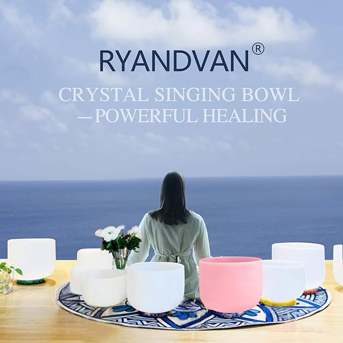 RYAN DVAN 8” F Note Pink Frosted Heart Chakra Crystal Singing Bowl with Free Heavy-Duty Carrying Case and Suede Striker O-Ring - Bloomnest