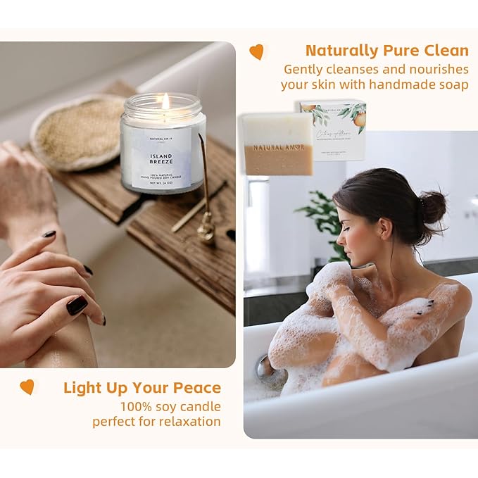 Natural Amor Handmade Spa Gifts for Women, Relaxing 5pcs Spa Gift Set for Women Including Citrus Handmade Soap Bar, Soy Candle, Bath Salt, Bath Bomb - Bloomnest