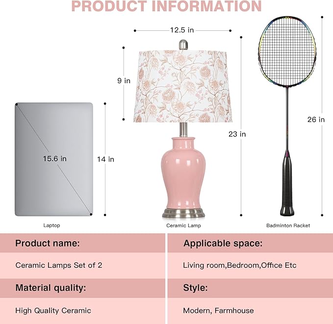 Pink Ceramic Table Lamp with Flower Lampshade, 23" Cute Bedroom Lamp with Ginger Jar Design, Modern Living Room Lamps Set 2, Elegant Bedside Lamps for Nightstand End Table Home Decor - Bloomnest