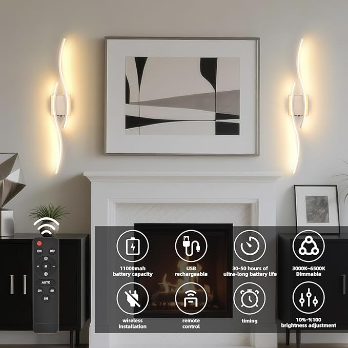 Battery Operated Wall Sconce, Silver USB Rechargeable Wireless Sconces set of 2, LED Dimming Wall Lamp 3 Color/Timer/Memory, 31.4 Inch Brushed Nickel Wall Lights for Bedroom Living Room Hallway - Bloomnest