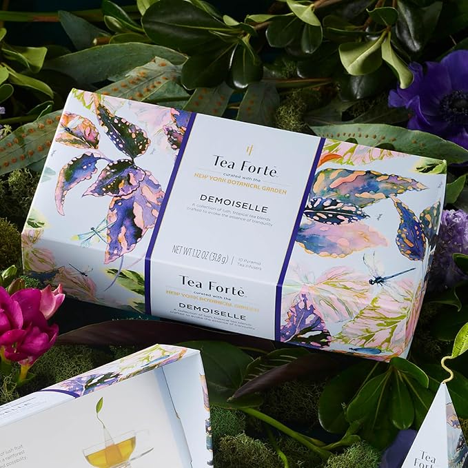Tea Forte Demoiselle Petite Presentation Box Tea Gift Set Sampler, 10 Count, 2 of Each Variety Individually Wrapped Handcrafted Pyramid Infuser Bags - Bloomnest