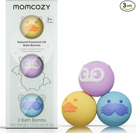 Momcozy Natural Essential Oil Bath Bombs,3 Pcs Bubble Bath Fizzy Balls with 3 Cute Animal Shapes,Bath Bombs Gift Set for Kids Girls Boys Toddler, Ideal Gift for Birthday, Bath Bomb Kit - Bloomnest