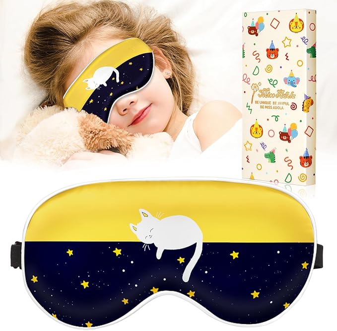 Sleep Mask for Kids - Cute Kawaii Cartoon Silk Sleeping Mask with Adjustable Strap Soft Smooth Light Eye Mask for Sleeping Silk Kids Eye Cover for Boys Girls Teens, Sleep Cat - Bloomnest