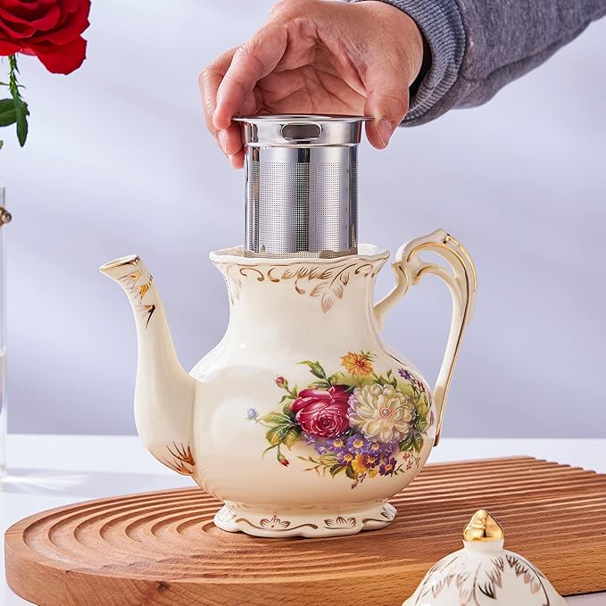YOLIFE Floral Teapot, 35oz/4 Cup Vintage Ivory Ceramic Tea Pot with Infuser for Loose Leaf Tea, Flowering Shrubs Teapot with Gold Trim - Bloomnest