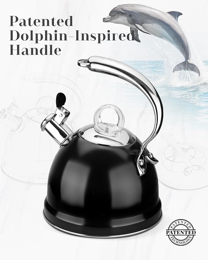Harriet Tea Kettle Stovetop, 2.5 QT Whistling Stainless Steel Teapot, 3-Layer Base, Unique Ergonomic Handle, Includes Pot Holder & Mat, Electric/Induction/Gas Stovetops Applicable, Black