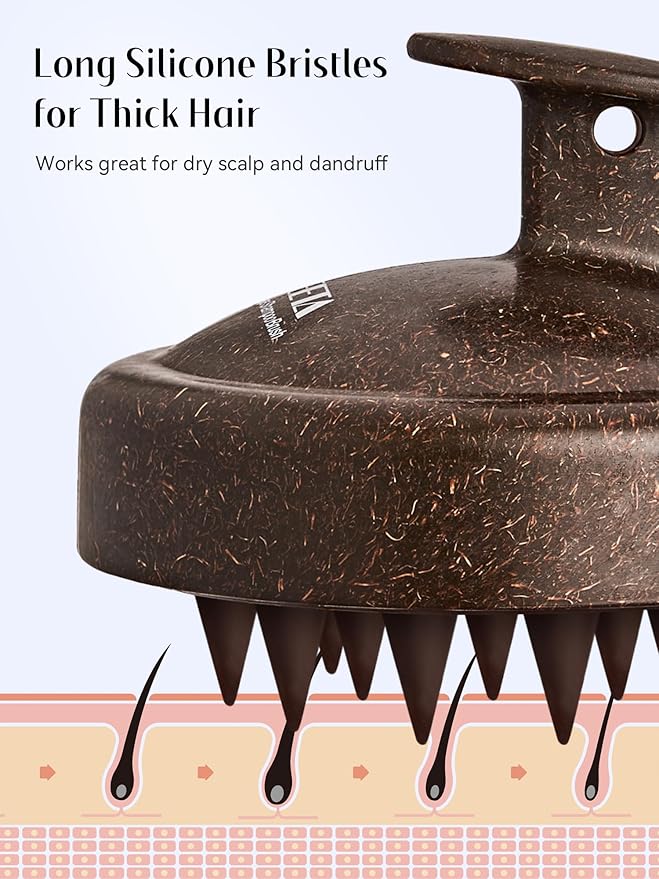 HEETA Scalp Massager Hair Growth, Soft Silicone Scalp Scrubber Shampoo Brush for Exfoliation, Dandruff Removal & Head Massage Stress Relax, Wet & Dry Use for Thick, Thin Hair Care, Dark Brown HEETA