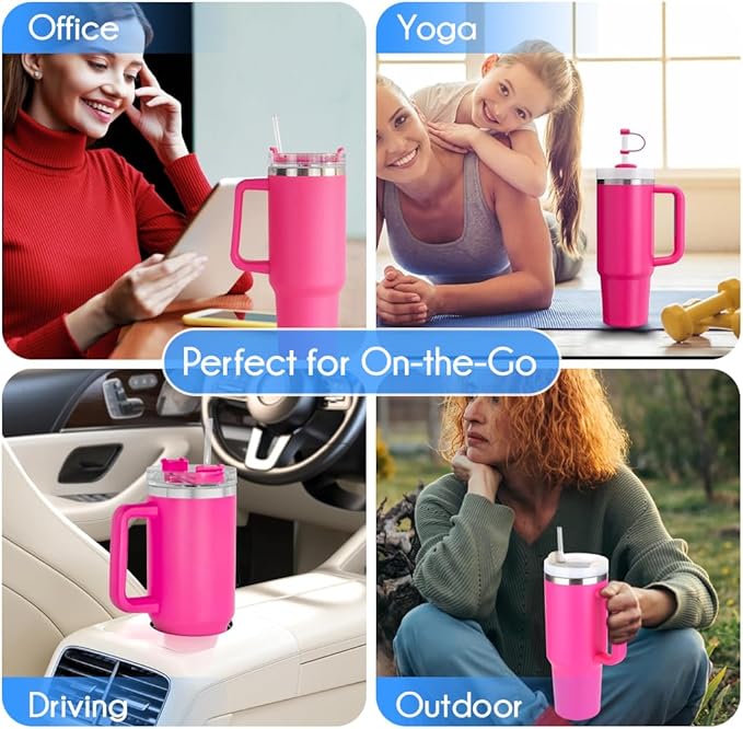 Ultimate 40oz All in One Tumbler - Leak Proof Stainless Steel Tumbler - Includes Silicone Boot, 3 Straws, 2 Straw Caps, & Cleaning Brush (Fuchsia) - Bloomnest