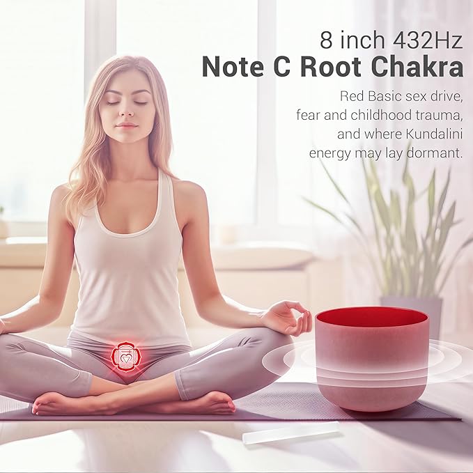 432hz 8 inch Red C Note Root Chakra Quartz Crystal Singing Bowl with Resonance Striker for Healing Mindfulness Meditation Yoga Sound Baths - Bloomnest