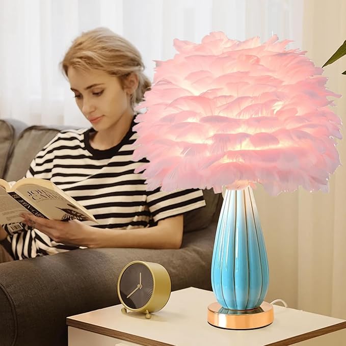 Pink Feather Table Lamp Creative Bedside Feather Lamp Simple Goose Furry Nightstand Light Fluffy Desk Lighting for Girl Bedroom Living Room Decoration Wedding Romantic Atmosphere - Bloomnest