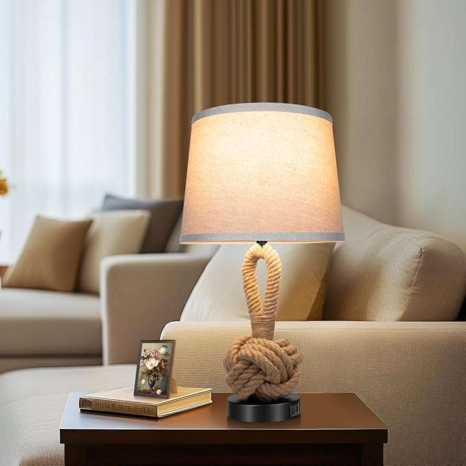 22" Rope Lamps for Night Stands, Bedside Lamps Set of 2, Boho Table Lamps for Living Room End Tables, 3-Color Temperatures Boho Lamp with Rotary Switch, Rattan Lamp with USB Ports, Bulbs Included - Bloomnest