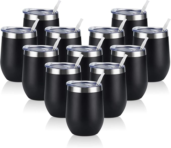 12 Pack Stainless Steel Wine Tumblers, 12Oz Double Wall Vacuum Insulated Wine Tumblers with Lids and Straws, Stainless Steel Stemless Wine Glasses for Coffee, Wine, Cocktails, Champaign, Black - Bloomnest