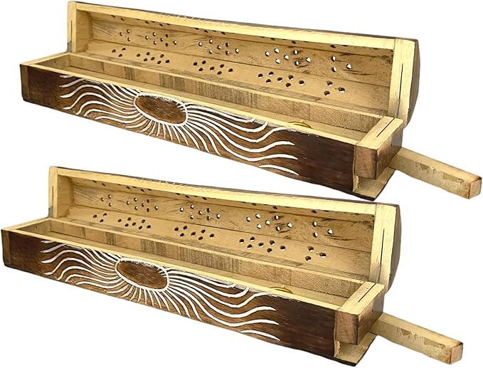 2 Pack Wooden Coffin Incense Sticks Burner - 12 Inches Carved - Storage Compartment, Carved Sun - Bloomnest