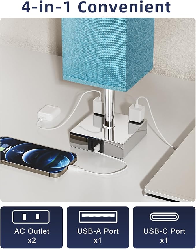 Touch Bedside Table Lamp for Nightstand - 3-Way Dimmable Night Lamp with USB A + Type C Charging Ports and Two AC Outlets, Small Desk Light with E26 Bulb for Bedroom Living Room Dorm, Turquoise - Bloomnest
