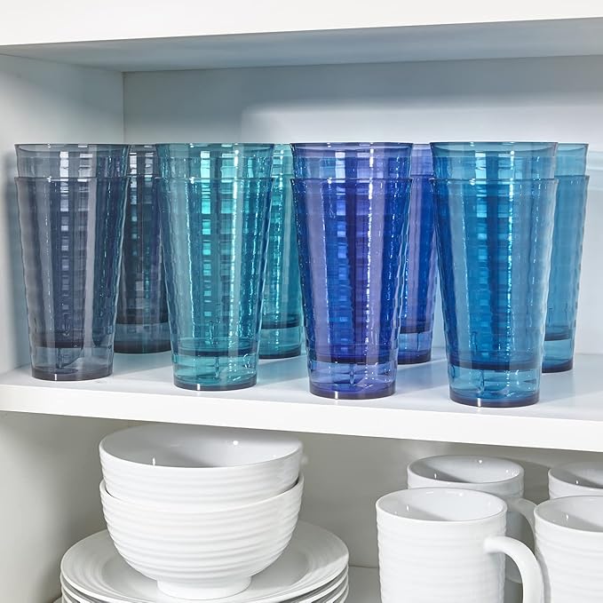 US Acrylic Splash [Set of 16] 18 ounce Plastic Stackable Water Tumblers in 4 Coastal Colors Value Set of Drinking Cups, Reusable, BPA-free, Made in the USA, Top-rack Dishwasher Safe - Bloomnest