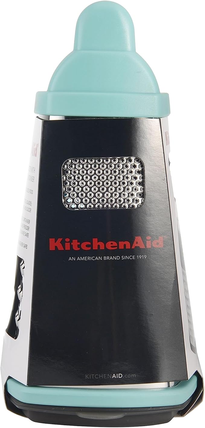 KitchenAid Gourmet 4-Sided Stainless Steel Box Grater for Fine, Medium and Coarse Grate, and Slicing, Detachable 3 Cup Storage Container and Measurment Markings, Dishwasher Safe, 10 inches tall, Aqua - Bloomnest