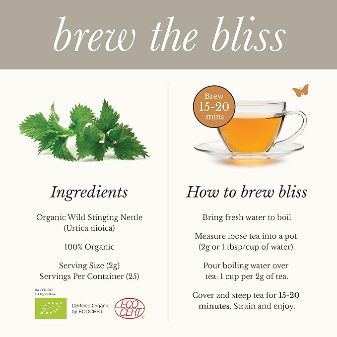Wild Bliss Organic Wild Stinging Nettle Leaf Tea - Caffeine Free Loose Leaf Herbal Tea - 1.76 Oz - 25 Servings - Bloomnest