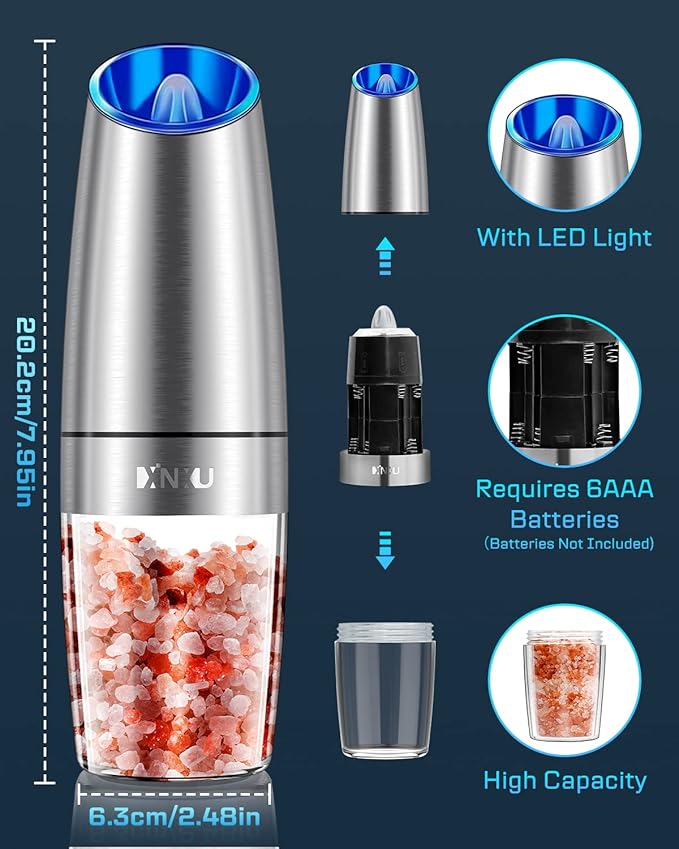 XinXu Gravity Electric Pepper and Salt Grinder Set, Adjustable Coarseness, with LED Light, One Hand Automatic Operation (Set/Silver X) - Bloomnest