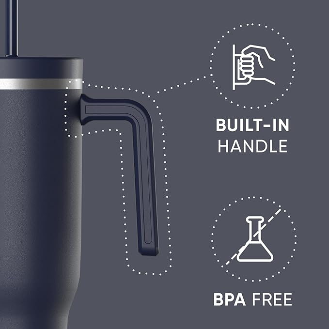 Hydrapeak Voyager 40 Oz Stainless Steel Tumbler with Handle, Insulated Water Bottle With Straw & Lid, Cupholder Friendly Reusable Travel Mug (Navy) - Bloomnest