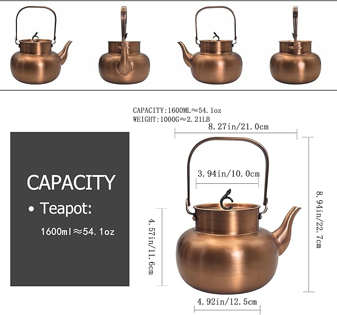 YJX Pure Copper Tea Kettle For Stovetop, Chinese Style Non-Coating Teapot with Stainless Steel Tea Ball For Loose Tea, Solid Tea Pot (1600ml) - Bloomnest