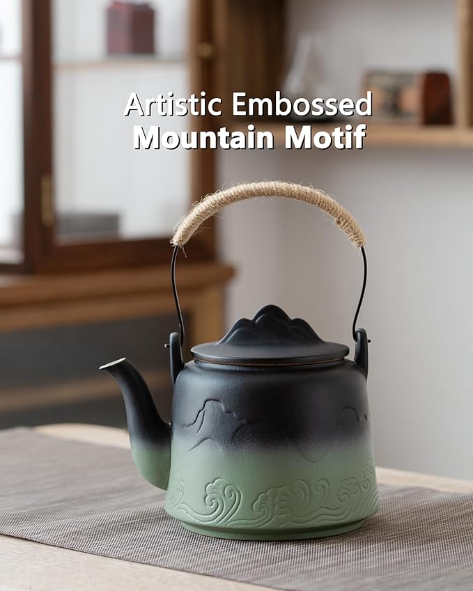 ZENS Vintage Japanese Teapot, 33.8 oz Embossed Ceramic Loose Leaf Teapot with Built-in Strainer for Hot Tea Steeper, Hemp Rope Handle Japanese Tea Brewer Pot for Tea Lovers Gifts - Bloomnest