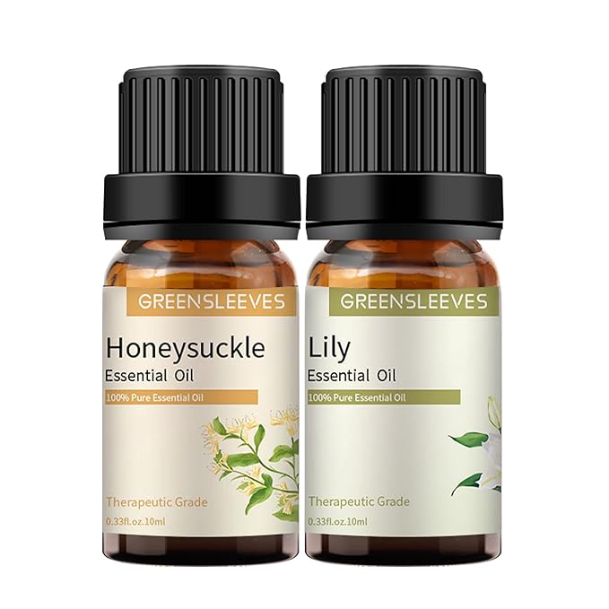 GREENSLEEVES Honeysuckle Lily Essential Oil Set, 2 x 10ml Pure Plant-Based Fragrance Oil for Aromatherapy, Essential Oils for Diffuser, Massage, Bath Bomb, Scented Candle Soap Making GREENSLEEVES