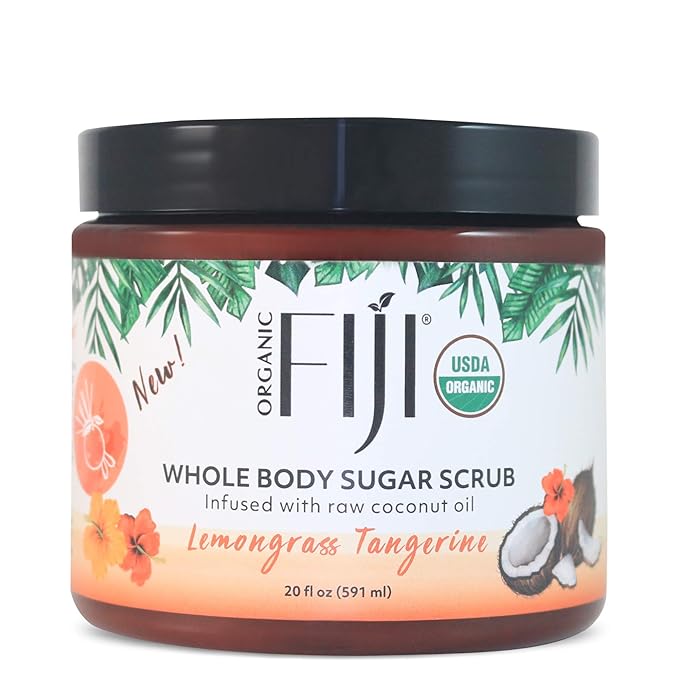 Organic Fiji Whole Body Scrub - Infused with Coconut Oil, Exfoliating Sugar Scrub for Smooth and Soft Skin, Exfoliates & Restores Skin's Natural Biosphere, Lemongrass Tangerine 20 oz