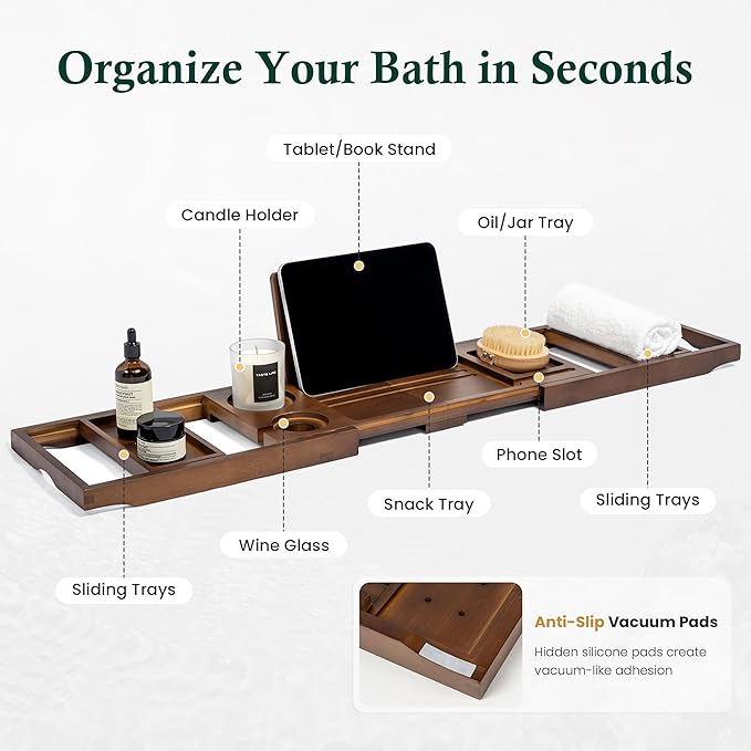 Bamboo Bathtub Tray, Bath Caddy with Wine Glass Holder, Phone Dock & Book Stand | Hands-Free Reading & Ultimate Spa Relaxation Experience-Brown - Bloomnest