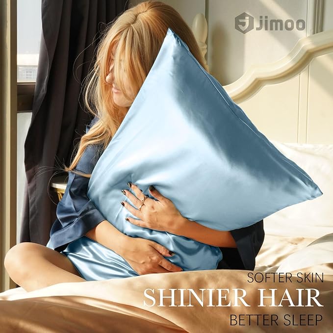 100% Mulberry Silk Pillowcase for Hair and Skin, 22 Momme Pure Natural Silk Pillow Case Both Sided with Zipper, Pillow Cover for Women Mom Men (Light Blue, Queen 20''×30'', 1 Pack) - Bloomnest