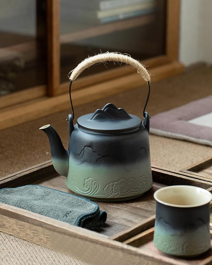 ZENS Vintage Japanese Teapot, 33.8 oz Embossed Ceramic Loose Leaf Teapot with Built-in Strainer for Hot Tea Steeper, Hemp Rope Handle Japanese Tea Brewer Pot for Tea Lovers Gifts - Bloomnest