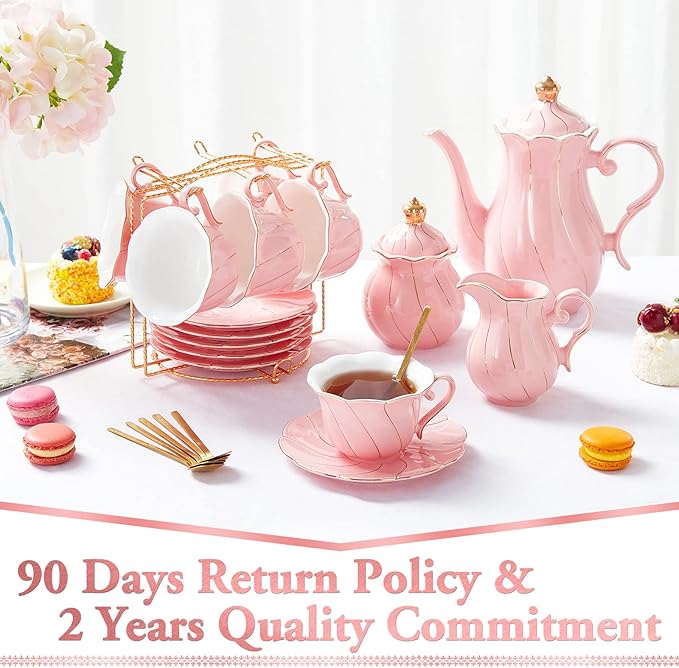 DUJUST 22 pcs Porcelain Tea Set for 6, Luxury British Style Tea/Coffee Cup Set with Golden Trim, Beautiful Tea Set for Women, Tea Party Set, Gift Package (With a Stand) - Pink - Bloomnest
