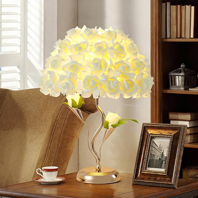 Flowers Table Light Fabric Rose Nightstand Lamp Creative Romantic Bouquet Desk Lamp Yellow Princess Lamp for Wedding Decor Valentines Dating Bedroom Livingroom Hotel Office - Bloomnest