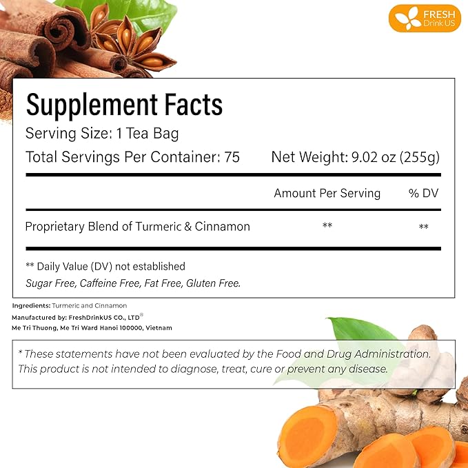 FreshDrinkUS, Premium 135 Turmeric Cinnamon Tea Bags, 100% Natural, Blend of Turmeric, and Cinnamon. Made with Natural Material Tea Bags. No Sugar. No Caffeine. Vegan. - Bloomnest