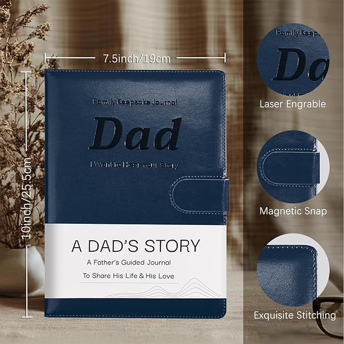 Artmag Dad's Life Story Journal with 250+ Prompt Questions, Family Keepsake Book Leather Cover for Dad to Share His Memories for Birthday Father's Day Christmas (Blue) - Bloomnest