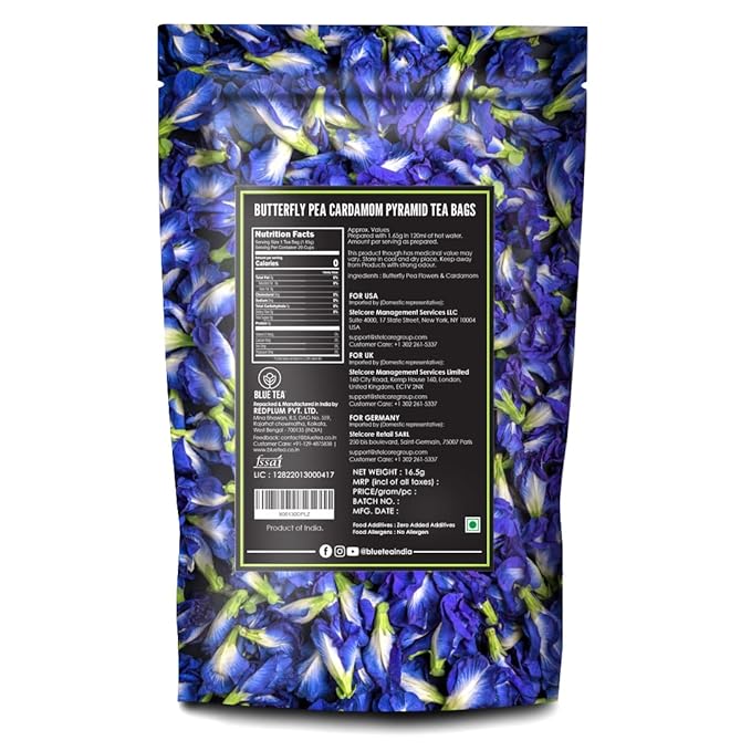 BLUE TEA - Butterfly Pea Flower Cardamom Tea - 10 Tea Bags (Plant Based ) | ANTIOXIDANT RICH | Herbal Tea - Caffeine Free - Non-Bitter - Flower Based - Vegan - Non-GMO- Natural Ingredients | Zipper Pack - Bloomnest