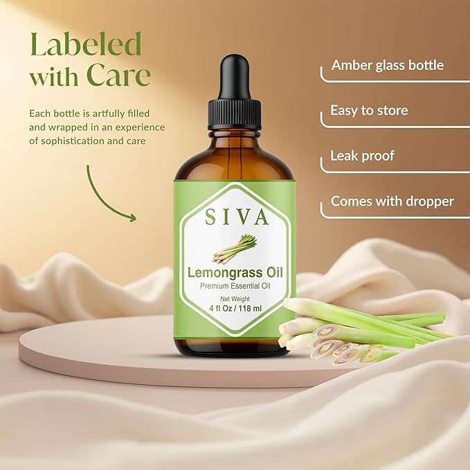 Siva Lemongrass Essential Oil - 4 Fl Oz – 100% Natural Lemongrass Oil - for Diffuser, Face, Skin Care, Aromatherapy, Hair Care, Scalp and Body Massage - with Dropper - Bloomnest