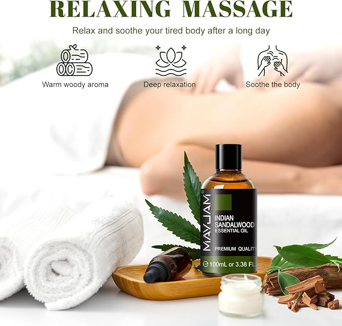MAYJAM Indian Sandalwood Essential Oils 3.38 FL.OZ Pure Indian Sandalwood Oil for Massage Skin Care Hair Care Diffuser Candle and Soap Making - 100ml - Bloomnest