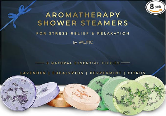 Valitic Aromatherapy Shower Steamers for Stress Relief and Relaxation - Gifts for Women Mom Birthday 8 Natural Essential Fizzies Shower Bombs - 4 Scents - Lavender, Eucalyptus, Citrus, and Peppermint - Bloomnest