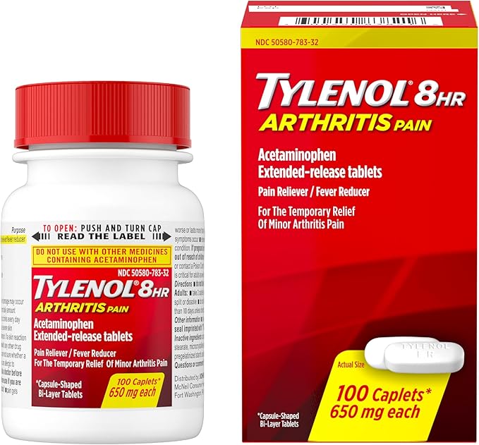 Tylenol 8HR Arthritis Pain Relief Caplets, 650 mg Acetaminophen for Minor Arthritis & Joint Pain, Fever Reducer, Extended Release, Gentle on Stomach, 100 ct - Bloomnest