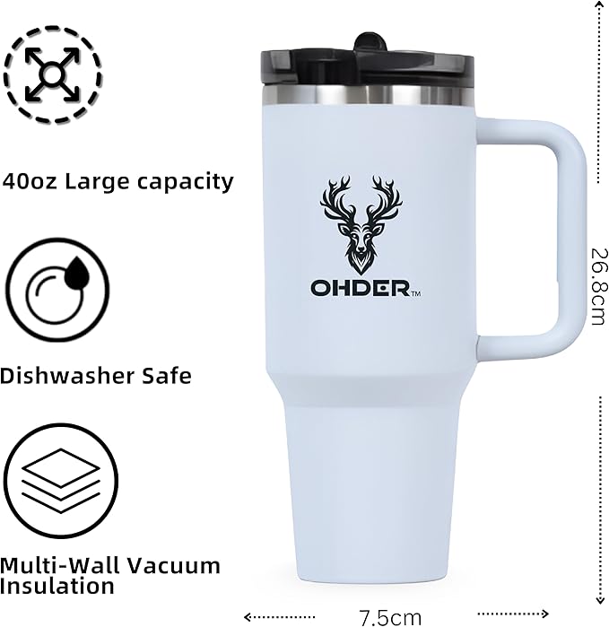 40 oz Tumbler with Handle and Straw | Vacuum Insulated Double Wall Stainless Steel Travel Mug | Leakproof, Hot and Cold | Cup Holder Friendly Base (Grey) - Bloomnest