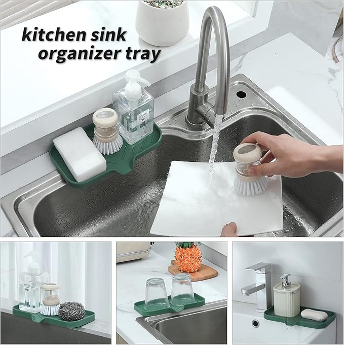 Silicone Bathroom Soap Dishes with Drain Spout-Bathroom and Kitchen Sink Organizer,Sponge Holder,Dish Soap Tray,Perfect for Dispenser,Scrubber,Bottle,Cup on Sink or Counter-Green 9.6"×5.3" - Bloomnest