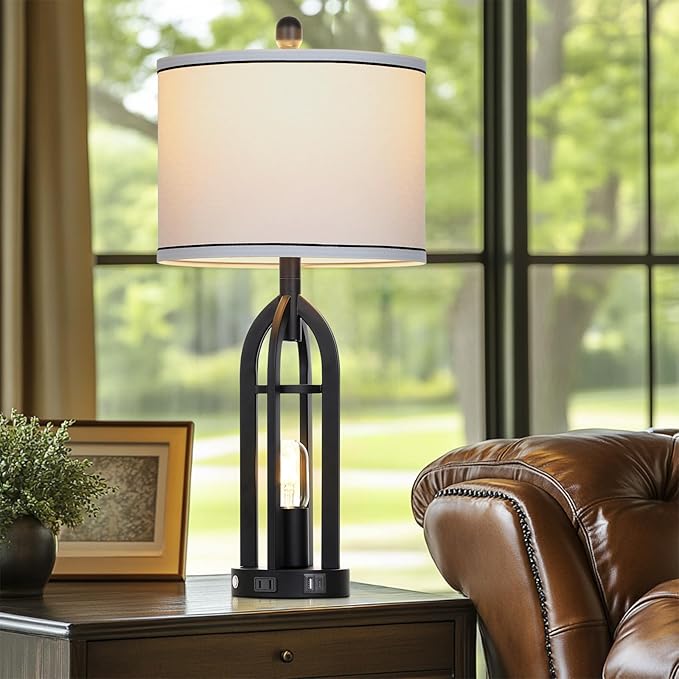 27" Tall Vintage Table Lamp with USB C+A & Outlet,Black Industrial End Table Lamp for Living Room,Farmhouse Rustic Bedside Lamps with Night Light for Bedroom Nightstand,Black（2 LED Bulbs Included） - Bloomnest